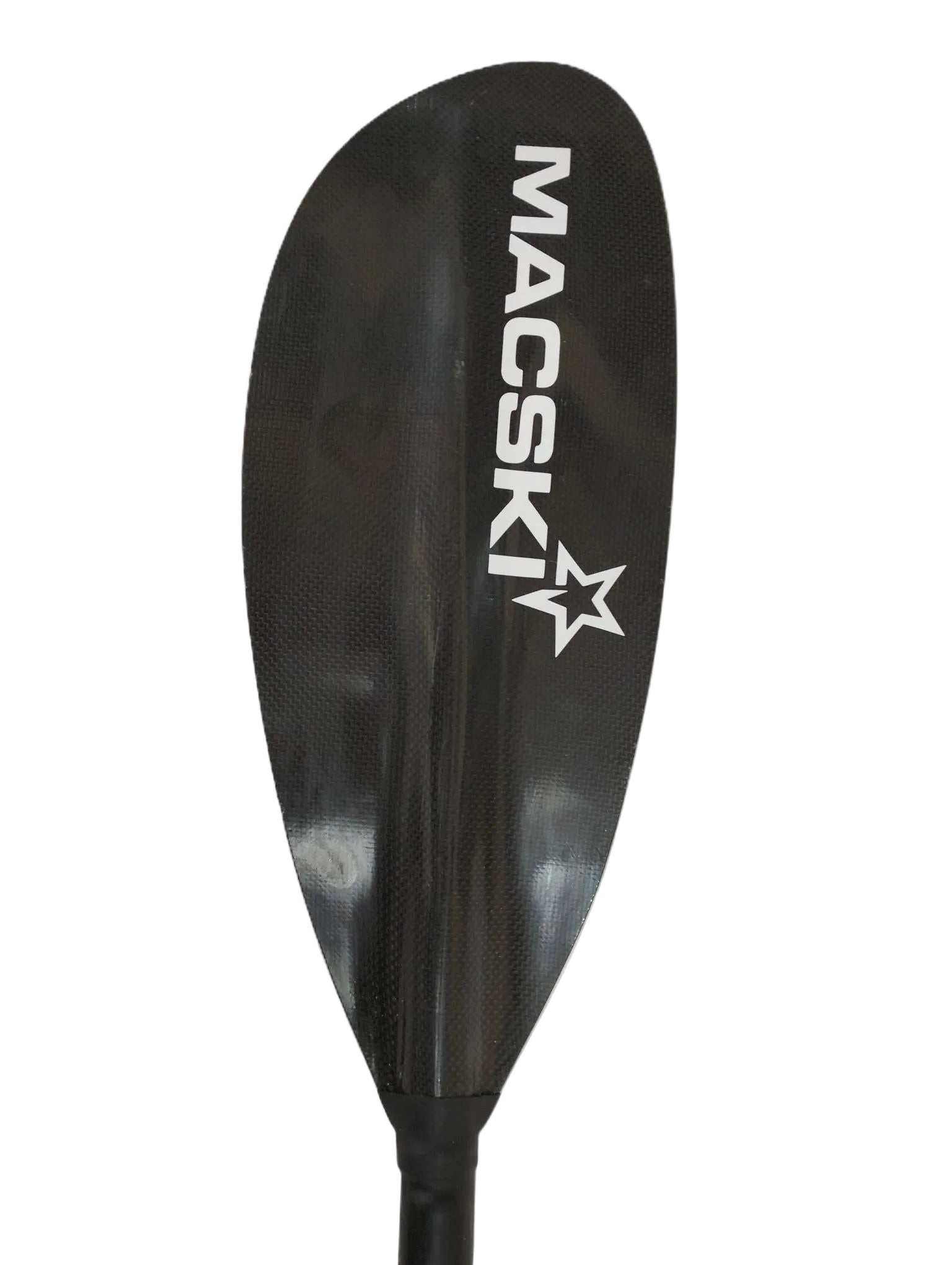Black carbon waveski kayak paddle with 'Macski' branding on a white background