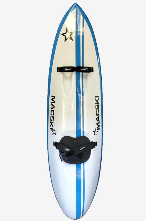 White waveski with blue rim and stripes and MACSKIS branding on a white background