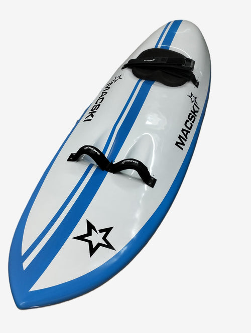 White and blue waveski with black star design and MACSKI branding on a white background