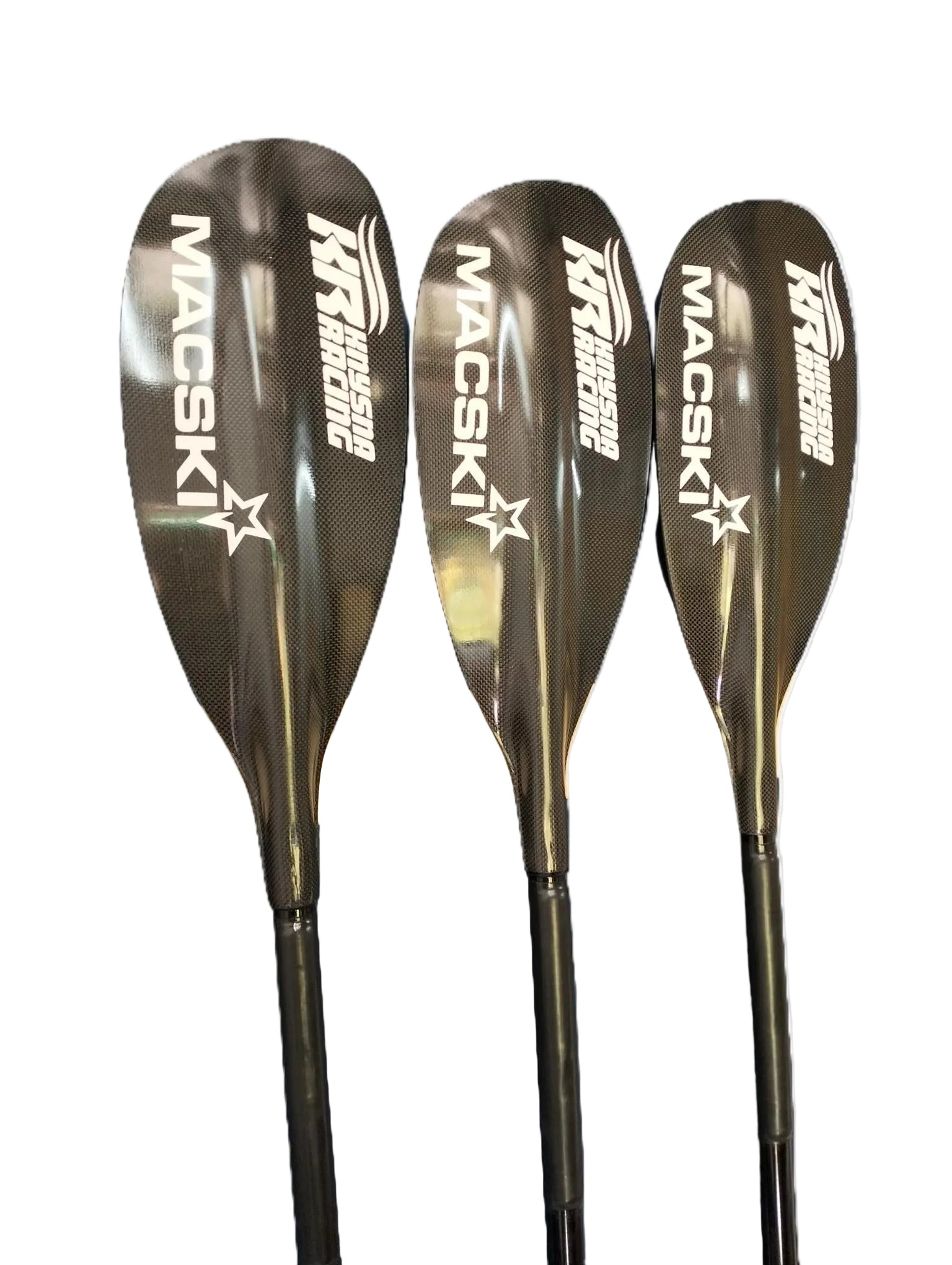 Three Macski waveski paddles on a white background