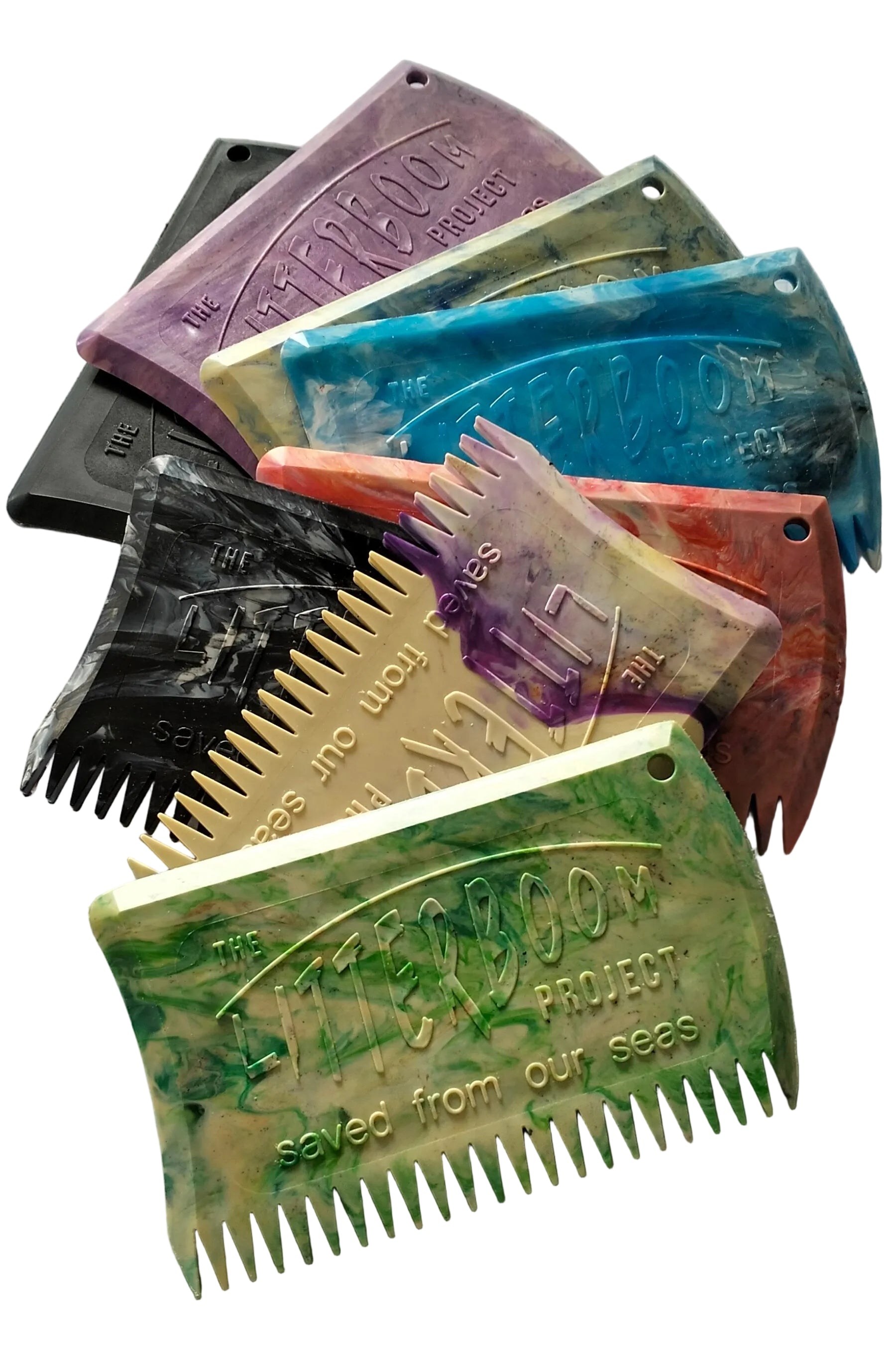 Colorful wax combs with 'Save Our Seas' branding on a white background