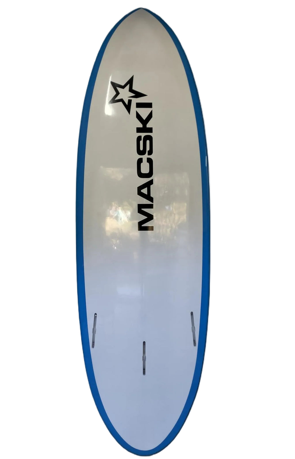 White waveski with blue rim and MACSKI logo on a white background
