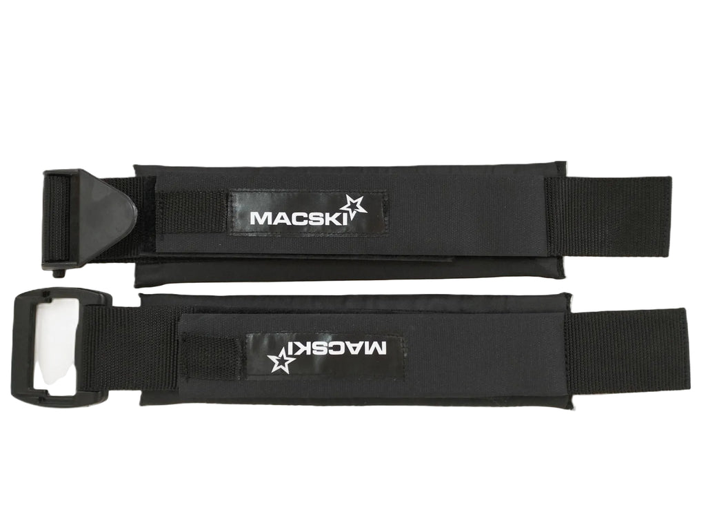 Two black waveski straps with MACSKI branding on a white background