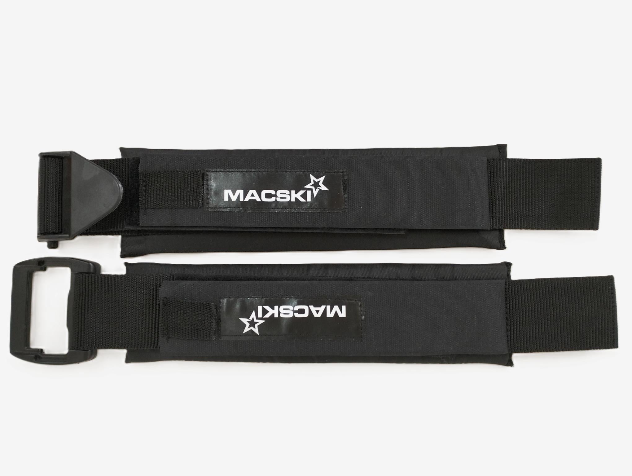 Two black waveski straps with MACSKI branding on a white background