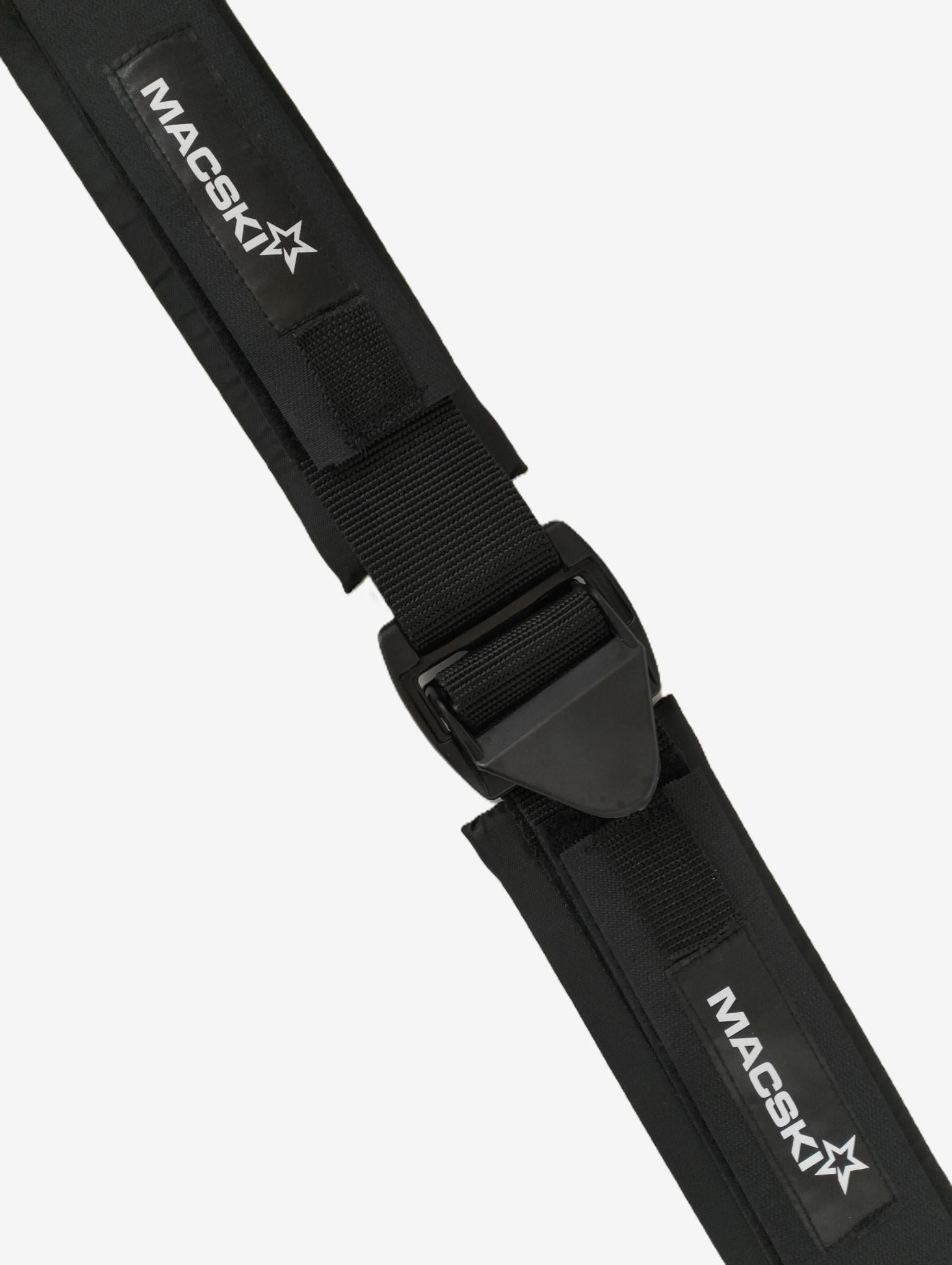 Black MACSKI strap with quick release buckle on a white background