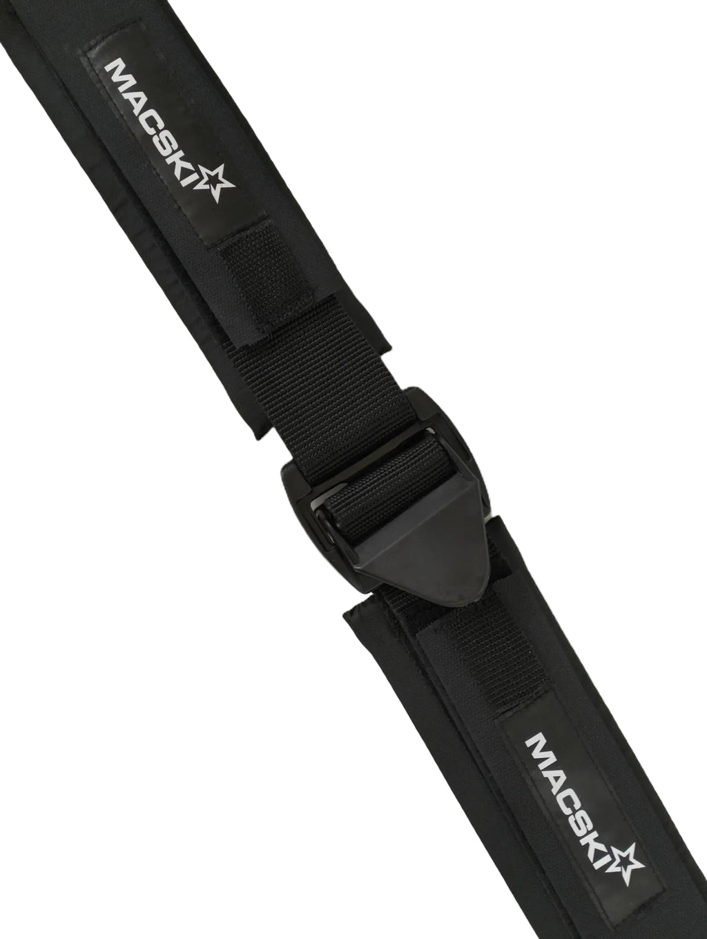 Black MACSKI strap with quick release buckle on a white background